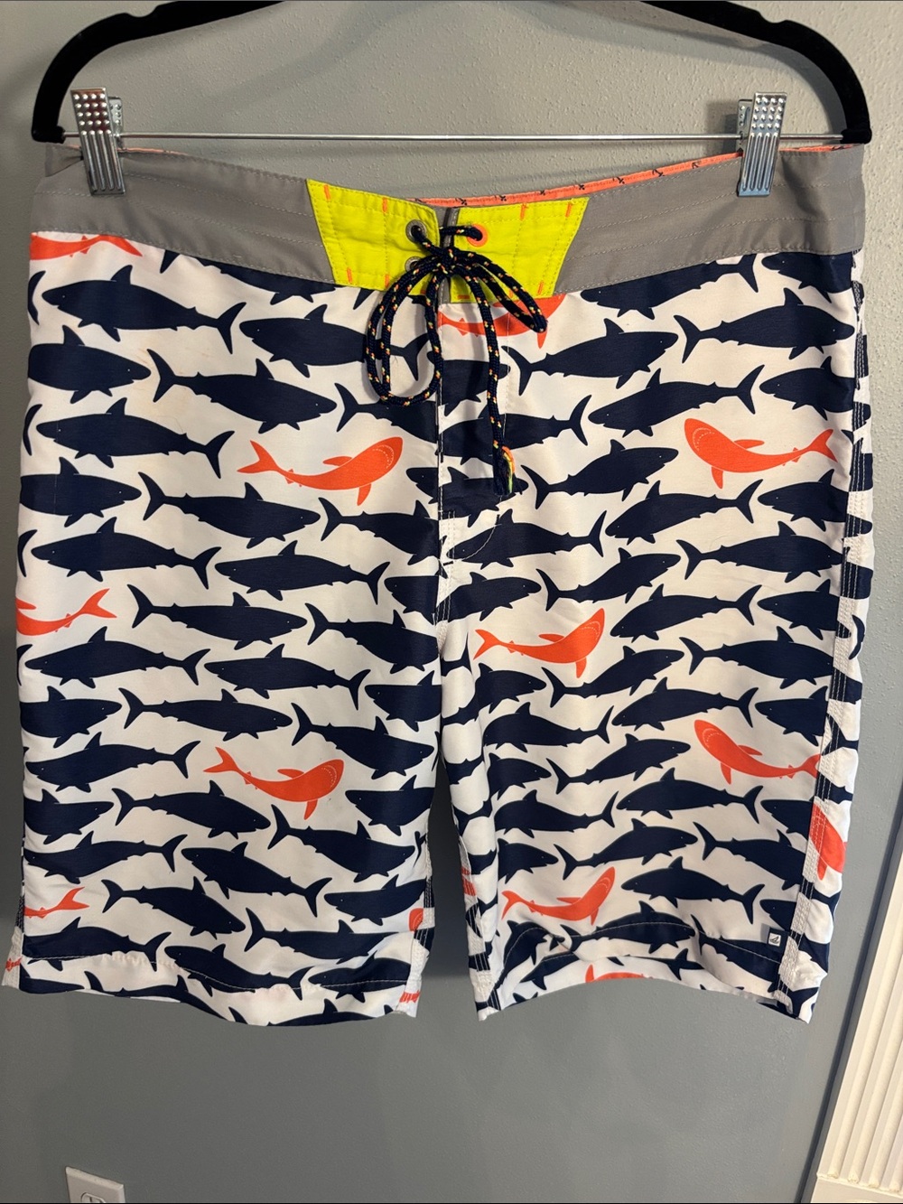 Sperry Men's Shark-Print Swim Trunks - Navy & Orange, size 34